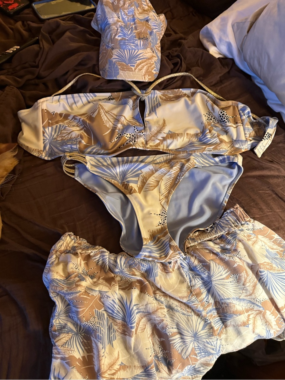 aerie Beige & Light Blue Tropical Bandeau Bikini Set with matching shorts n hat